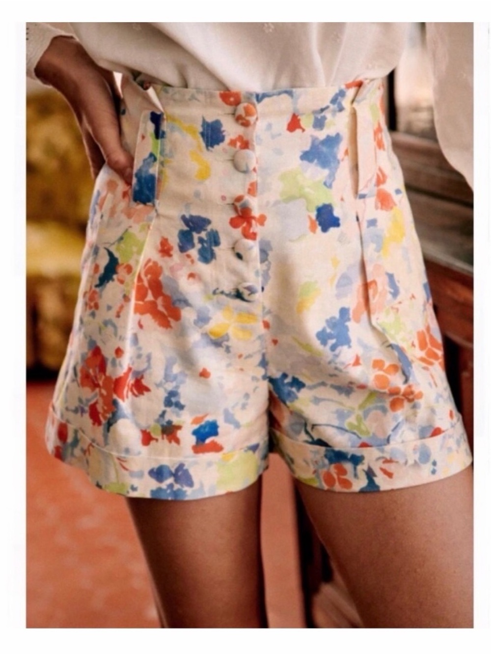 Sezane Andrei Shorts High-Waist Floral Linen Blend Shorts in Multi